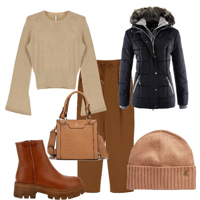 Outfit donna - Il freddo in città. Stile Casual per Tutti i giorni. Abbinamento con piumini, borse tote, stivaletti, pullovers, pantaloni, berretti.
