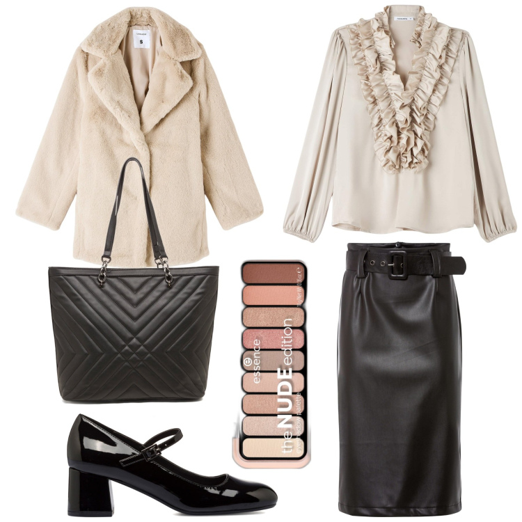 Outfit donna - Beige e nero bon ton. Stile Bon Ton per Ufficio. Abbinamento con gonne longuette, ombretti, ecopellicce, camicie, décolleté, borse a spalla.