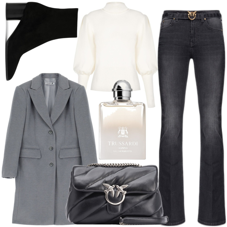 Outfit donna - Casual elegante. Stile Casual chic per Tutti i giorni. Abbinamento con profumi, jeans, borse a tracolla, cappotti, maglieria, stivaletti.