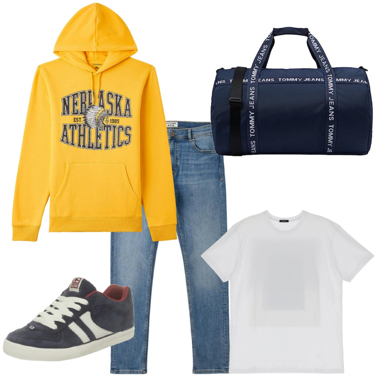 Outfit uomo - In birreria dopo l'allenamento. Stile Casual Abbinamento con t-shirt, felpe con cappuccio, jeans skinny, borse sportive, scarpe sportive.