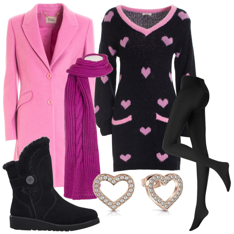 Outfit donna - Un cuore nel vestito e cappotto. Stile Trendy per Tutti i giorni. Abbinamento con stivali, collant, vestiti, cappotti, sciarpe, orecchini.