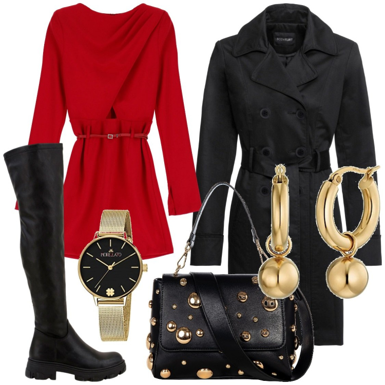 Outfit donna - Abito rosso. Stile Rock per Serata fuori. Abbinamento con trench, borse a spalla, vestiti corti, stivali, orologi, orecchini.
