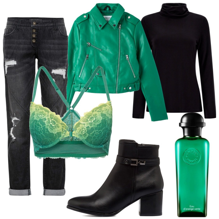 Outfit donna - Hope. Stile Rock per Scuola/Università. Abbinamento con jeans boyfriend, reggiseni, profumi, cappotti, maglieria, stivaletti.