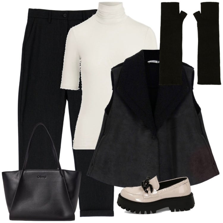 Outfit donna - Il gilet come capo spalla. Stile Trendy per Tutti i giorni. Abbinamento con guanti, pantaloni capri, gilet, mocassini, maglieria, borse a spalla.