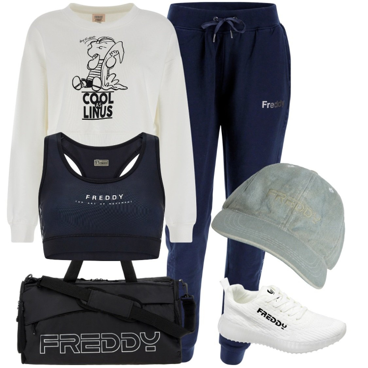Outfit donna - Con Freddy, in palestra. Stile Sporty chic per Sport. Abbinamento con borse sportive, felpe, pantaloni, sneakers, reggiseni, cappelli.