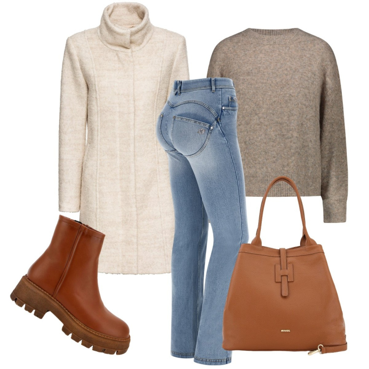 Outfit donna - Il cappotto bouclè. Stile Casual chic per Ufficio. Abbinamento con cappotti, stivaletti, borse a secchiello, jeans skinny, maglieria.