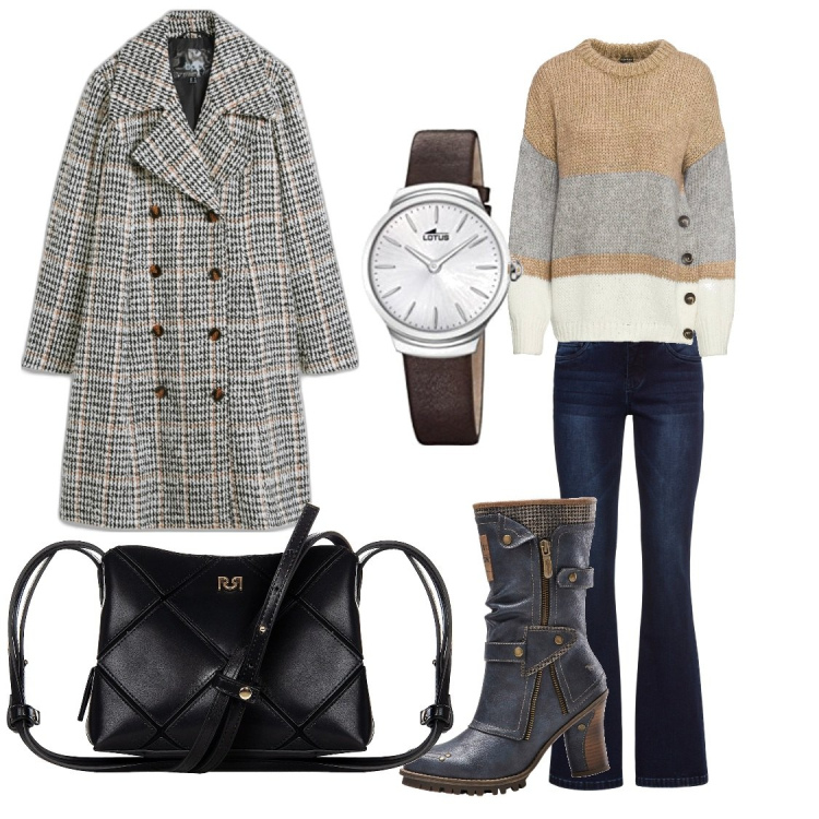 Outfit donna - Total look. Stile Urban per Tutti i giorni. Abbinamento con maglieria, jeans bootcut, stivali, cappotti, borse a spalla, orologi.