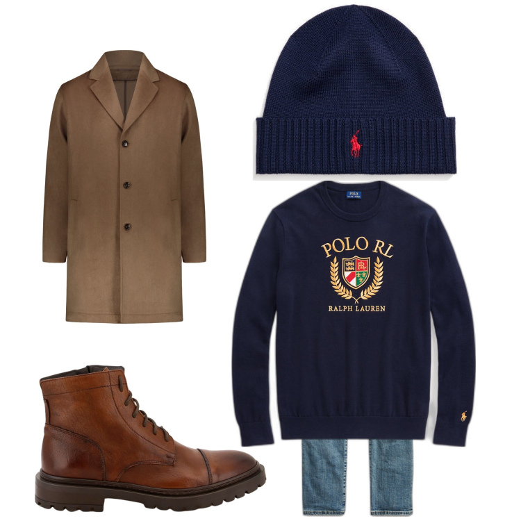 Outfit uomo - Il pullover blu. Stile Trendy per Tutti i giorni. Abbinamento con scarpe stringate, berretti, maglieria, jeans dritti, cappotti.