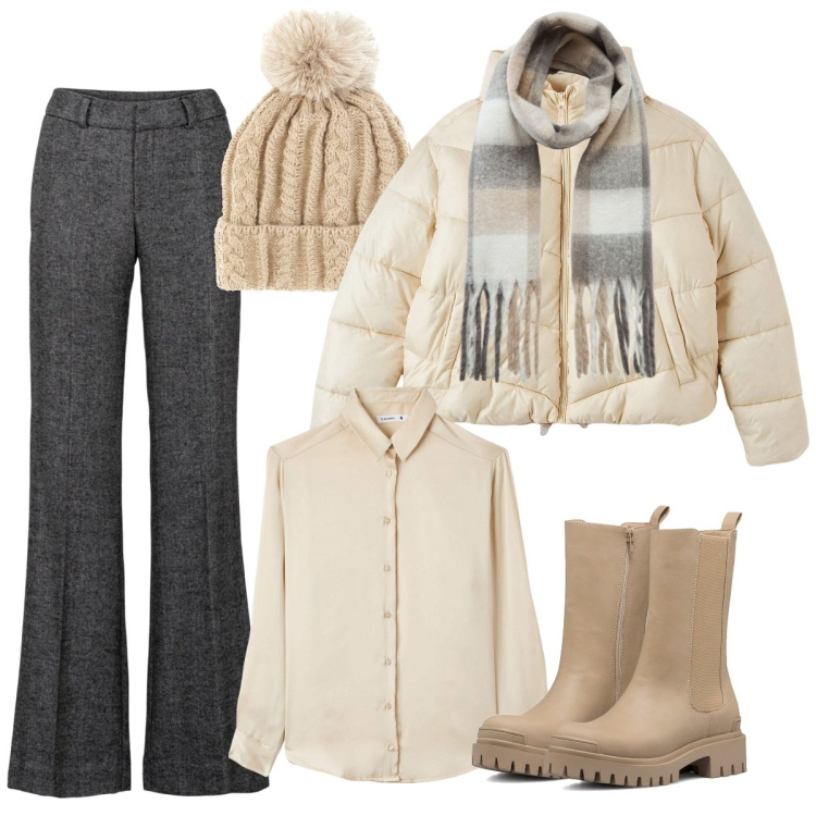 Outfit donna - Speciale: accessori invernali. Stile Casual chic per Ufficio. Abbinamento con pantaloni a palazzo, piumini, camicie, sciarpe, stivaletti, berretti.