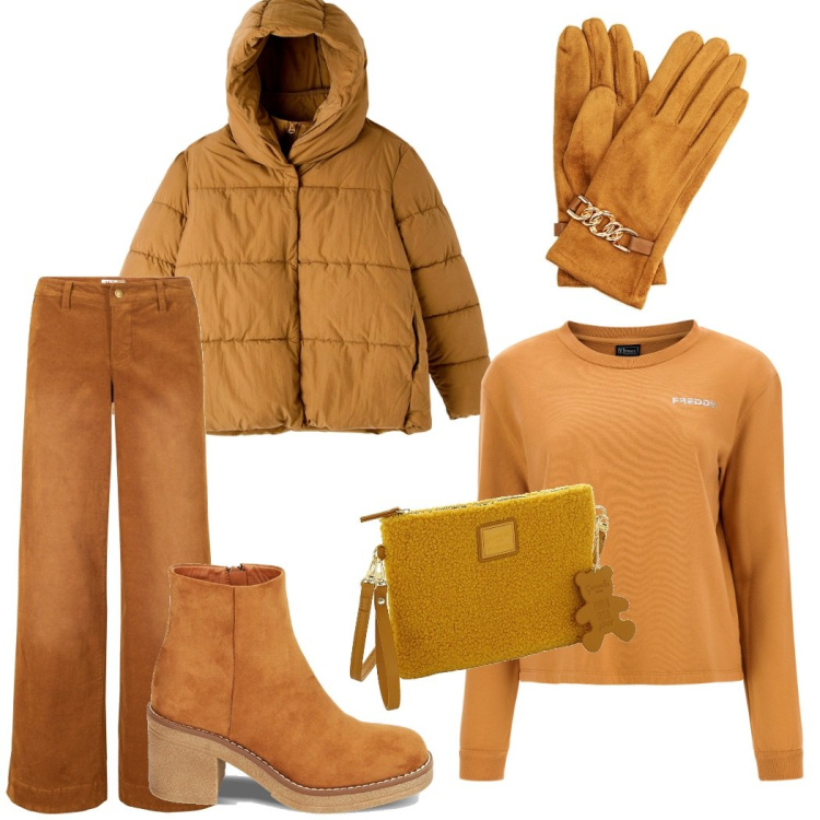 Outfit donna - Colore giallo caldo. Stile Casual per Tutti i giorni. Abbinamento con pantaloni, piumini, stivaletti, guanti, felpe, borse a tracolla.