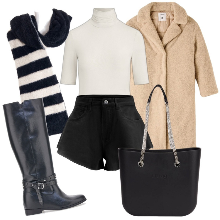 Outfit donna - Sciarpa a righe. Stile Trendy per Serata fuori. Abbinamento con cappotti, shorts, sciarpe, maglieria, stivali sopra il ginocchio, borse a spalla.