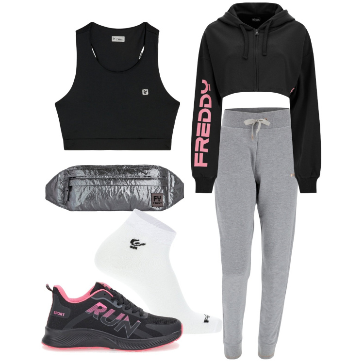 Outfit donna - Ghost outfitter - novembre. Stile Sporty chic per Sport. Abbinamento con calzini, top, pantaloni, felpe con cappuccio, marsupi, sneakers.