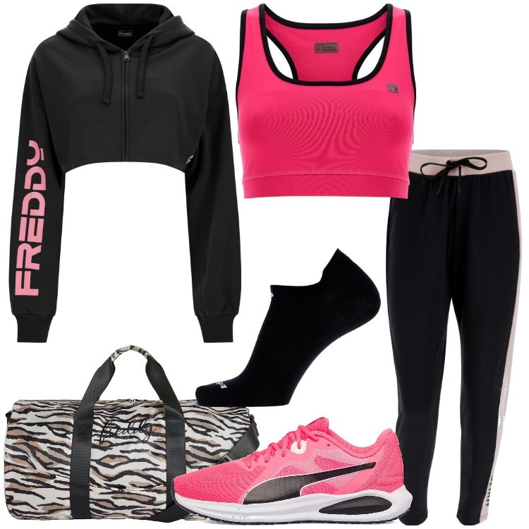 Outfit donna - Freddy - Black Friday 2023. Stile Casual per Sport. Abbinamento con calzini, felpe con cappuccio, pantaloni, reggiseni, borse sportive, scarpe sportive.