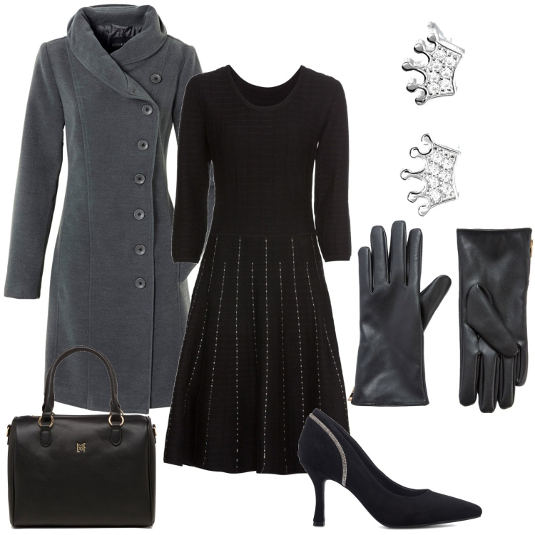 Outfit donna - Una sera a teatro. Stile Bon Ton per Serata fuori. Abbinamento con cappotti, vestiti, guanti, orecchini, décolleté, borse a mano.