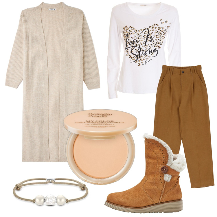 Outfit donna - In cardigan lungo. Stile Trendy per Tutti i giorni. Abbinamento con stivali, ciprie, cardigans, t-shirt, pantaloni capri, braccialetti.