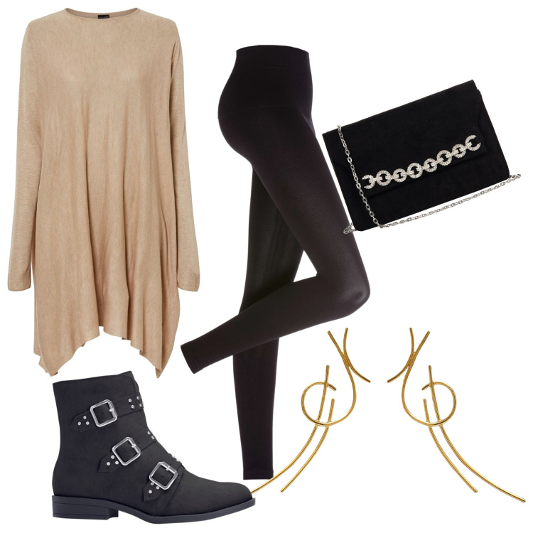Outfit donna - Maglia lunga Oversize. Stile Casual chic per Serata fuori. Abbinamento con maglieria, leggings, stivaletti, pochette, orecchini.