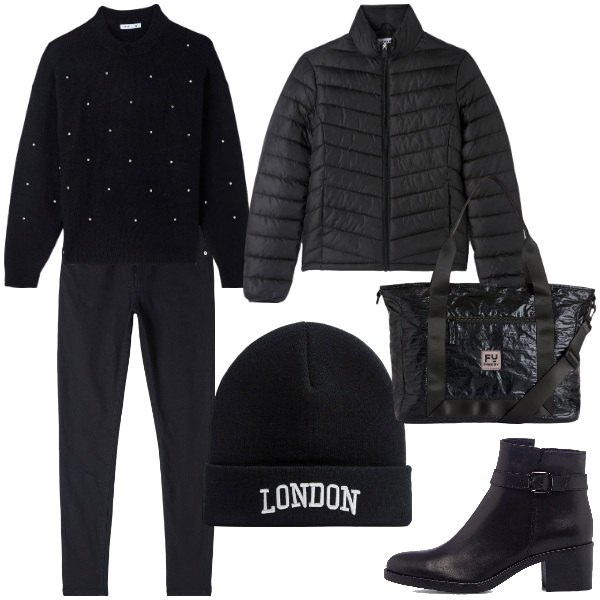 Outfit donna - Total black. Stile Urban per Tutti i giorni. Abbinamento con maglieria, pantaloni, berretti, piumini, borse tote, stivaletti.