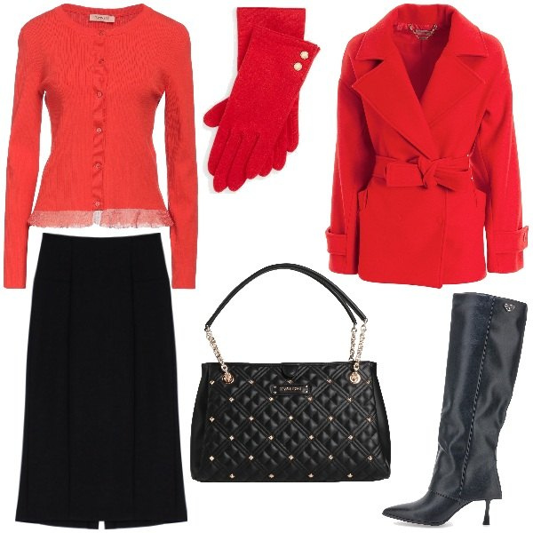 Outfit donna - La vigilia di Natale. Stile Chic per Tutti i giorni. Abbinamento con cardigans, borse a mano, cappotti, gonne longuette, guanti, stivali sopra il ginocchio.