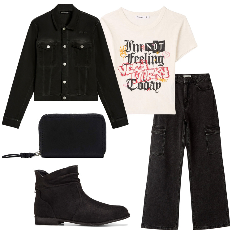 Outfit donna - Total look #1768911. Stile Casual per Tutti i giorni. Abbinamento con stivaletti, portafogli, jeans, t-shirt, blazer.