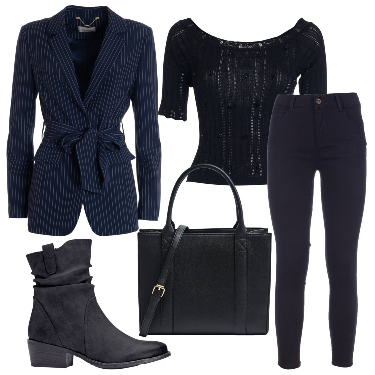 Outfit donna - Dark blu ufficio. Stile Casual chic per Ufficio. Abbinamento con stivaletti texani, shopping bag, blazer, maglieria, jeans skinny.