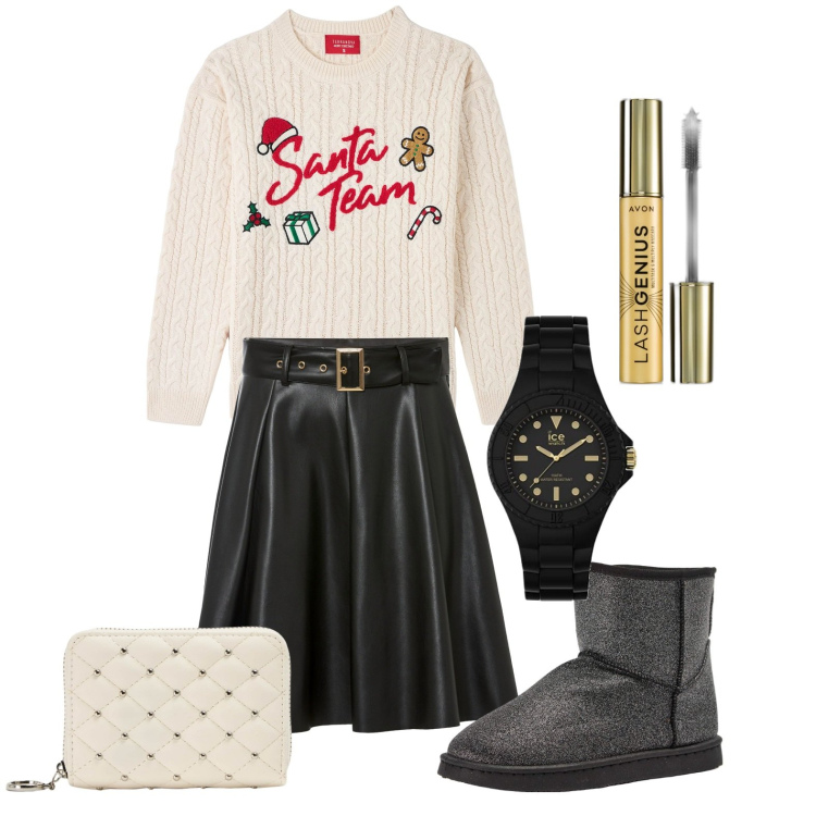 Outfit donna - Xmas is coming. Stile Casual chic per Scuola/Università. Abbinamento con gonne, mascara, maglieria, portafogli, stivali sopra il ginocchio, orologi.