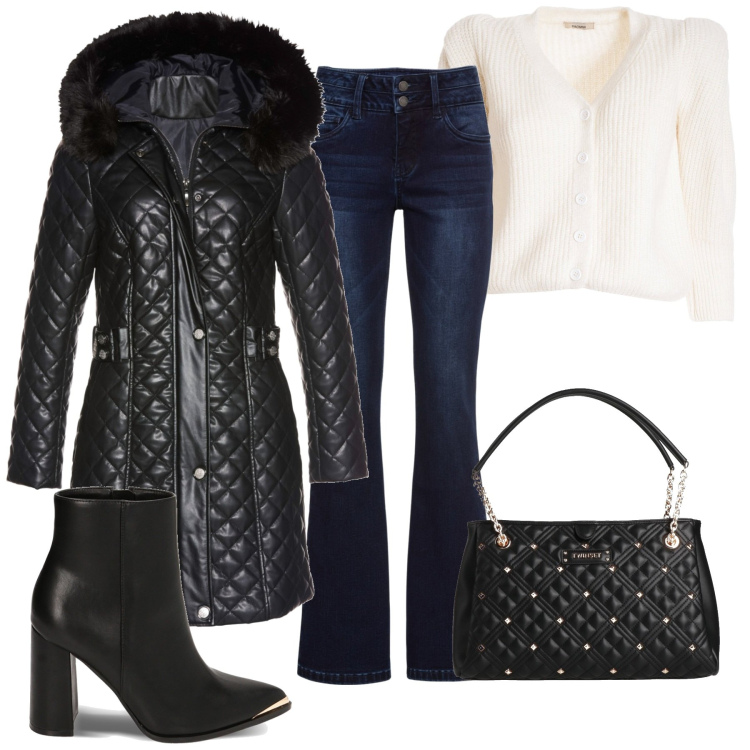 Outfit donna - A spasso per negozi. Stile Casual per Tutti i giorni. Abbinamento con jeans bootcut, cappotti, borse a mano, cardigans, stivaletti.