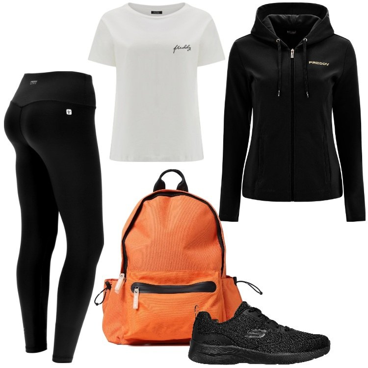 Outfit donna - Skechers Dynamight 2.0 - Novembre. Stile Trendy per Sport. Abbinamento con leggings sportivo, felpe con cappuccio, t-shirt, sneakers, zaini.