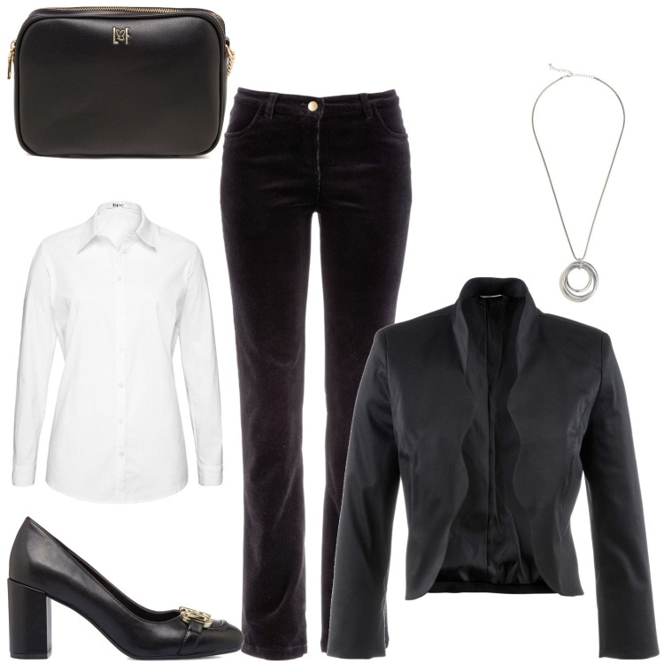 Outfit donna - Al cinema con le amiche. Stile Casual chic per Serata fuori. Abbinamento con blazer, pantaloni, camicie, collane, décolleté, borse a tracolla.