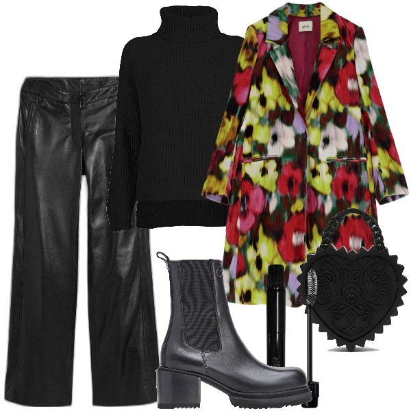 Outfit donna - Il cappotto a fiori. Stile Urban per Tutti i giorni. Abbinamento con pantaloni, mascara, stivaletti chelsea, giacche, borse a mano, maglieria.