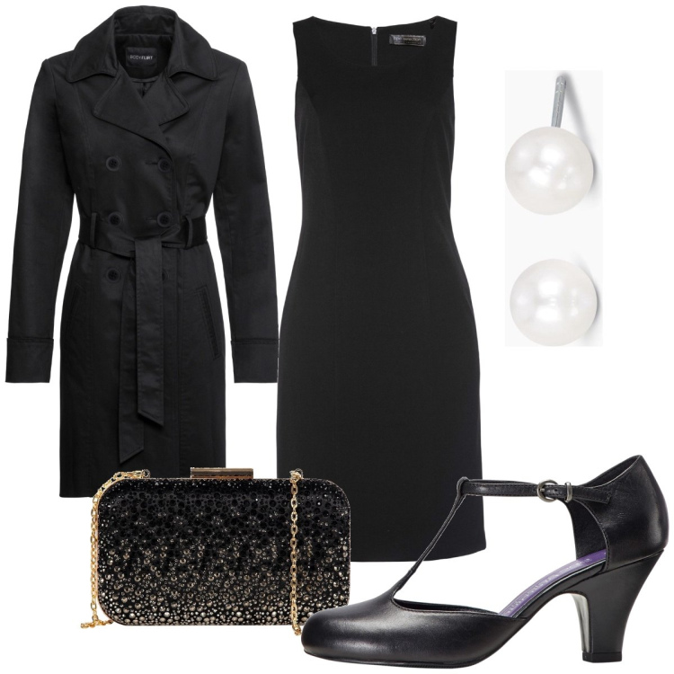 Outfit donna - Bon ton di sera. Stile Bon Ton per Serata fuori. Abbinamento con vestiti a tubino, décolleté, trench, orecchini, clutch.