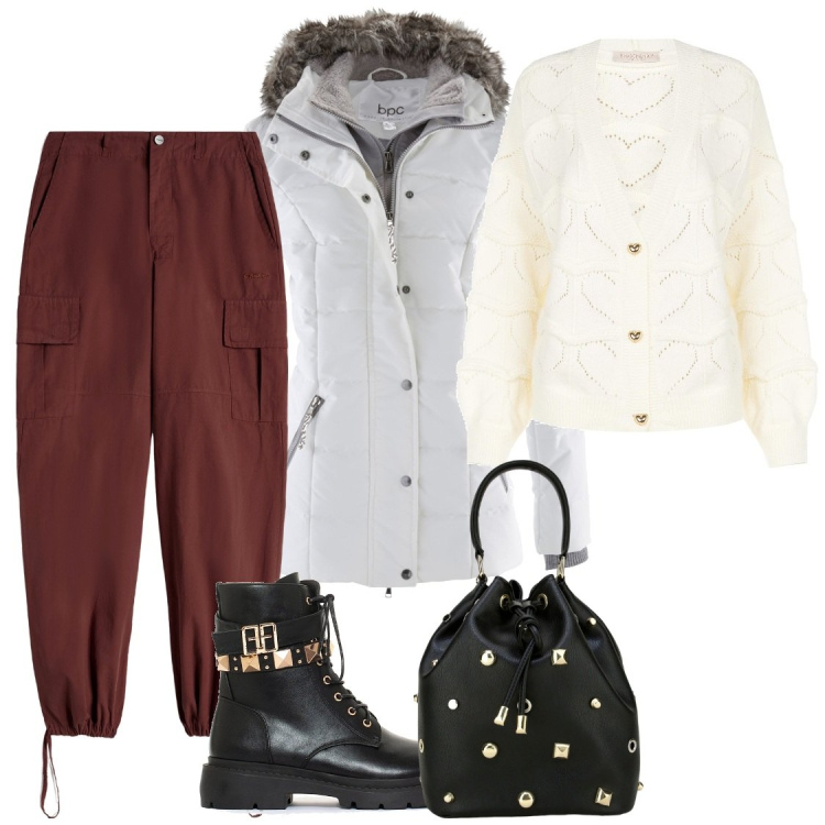 Outfit donna - Per la winter deep. Stile Urban per Scuola/Università. Abbinamento con piumini, cardigans, anfibi, pantaloni cargo, borse a secchiello.