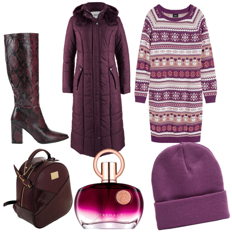 Outfit donna - I love purple. Stile Casual per Tutti i giorni. Abbinamento con blazer, vestiti, stivali, profumi, berretti, zaini.