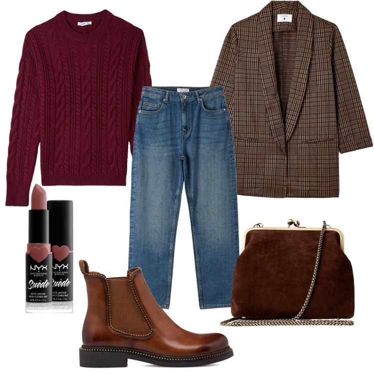 Outfit donna - Academia nel Cottage. Stile Bon Ton per Scuola/Università. Abbinamento con rossetti, cappotti, jeans dritti, maglieria, stivaletti, clutch.