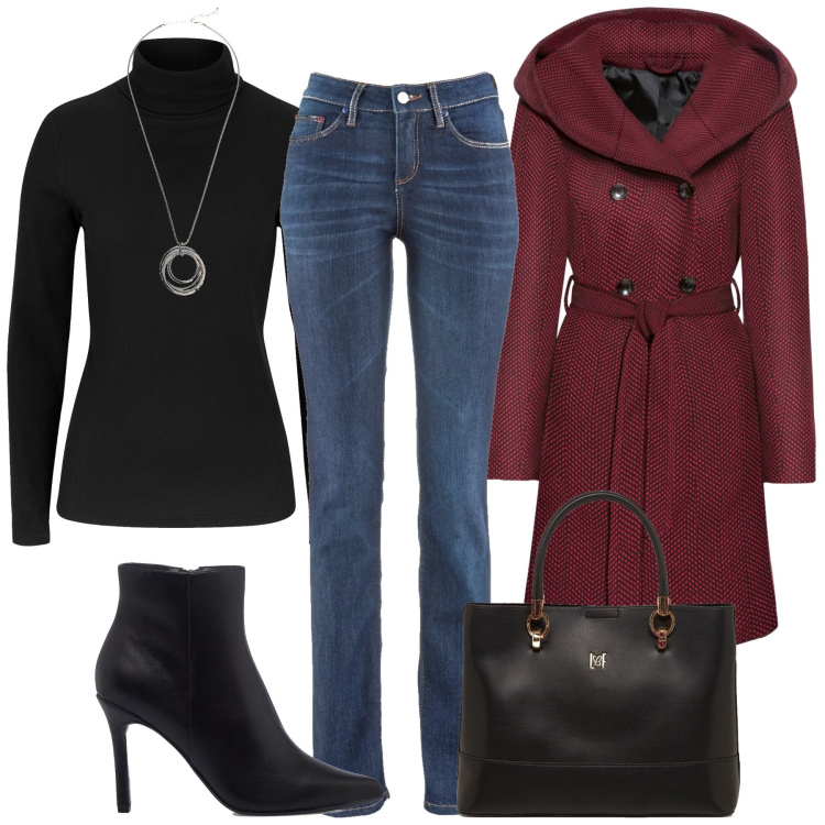 Outfit donna - Il cappotto bordeaux. Stile Casual per Tutti i giorni. Abbinamento con cappotti, maglieria, jeans dritti, collane, borse a mano, stivaletti.