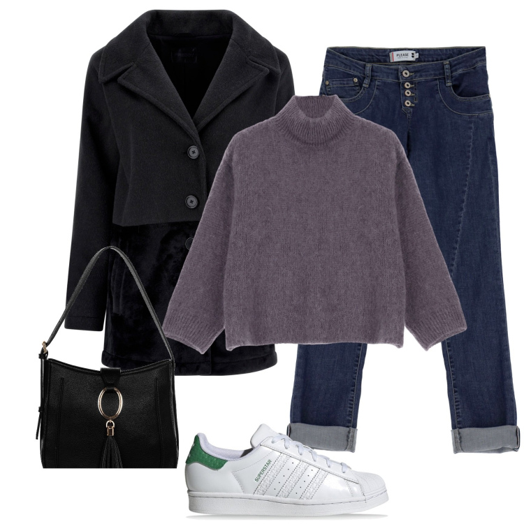 Outfit donna - Daily style. Stile Basic per Tutti i giorni. Abbinamento con borse a spalla, jeans slim fit, cappotti, maglieria, sneakers.