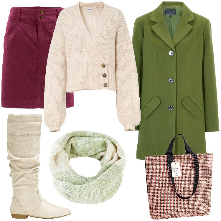 Outfit donna - Tricolor. Stile Casual chic per Tutti i giorni. Abbinamento con gonne lunghe, cappotti, maglieria, stivali, foulard, borse tote.