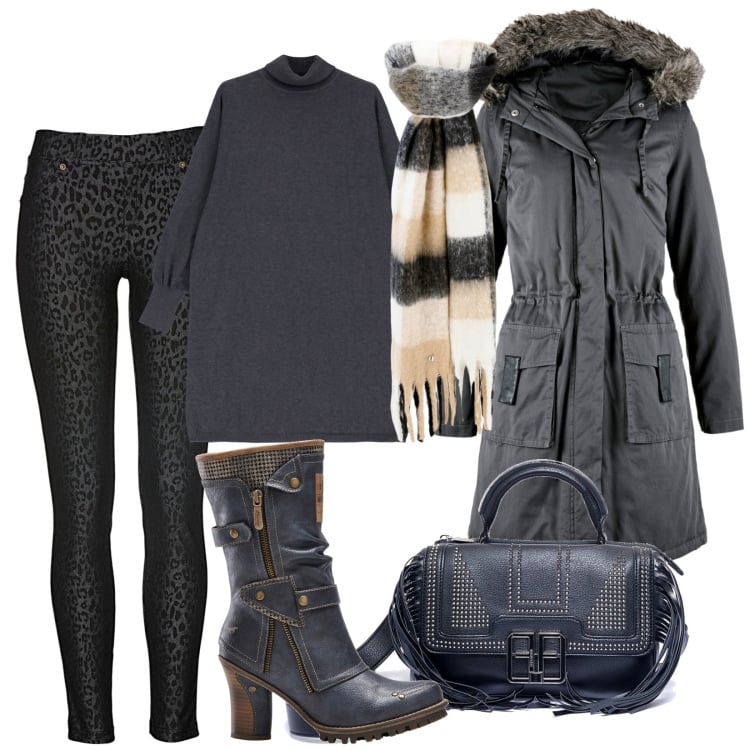 Outfit donna - Total look #1769090. Stile Casual per Tutti i giorni. Abbinamento con jeggings, parka, stivali, borse a spalla, vestiti corti, sciarpe.