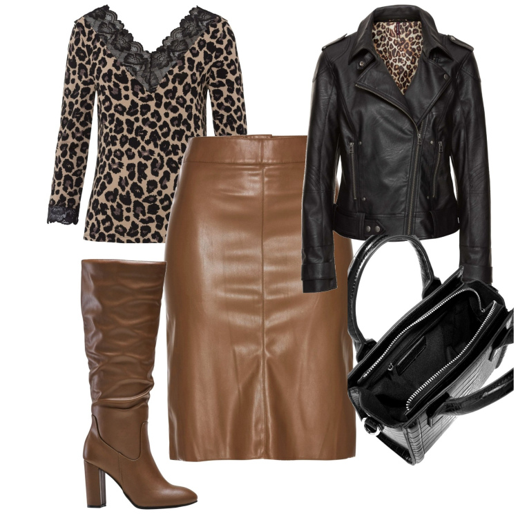 Outfit donna - La gonna in similpelle. Stile Casual chic per Tutti i giorni. Abbinamento con gonne longuette, stivali sopra il ginocchio, maglieria, borse a mano, cappotti.
