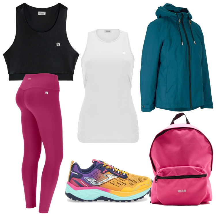 Outfit donna - Colour fitness. Stile Sporty chic per Sport. Abbinamento con giacche sportive, top, leggings, canottiere, scarpe sportive, zaini.