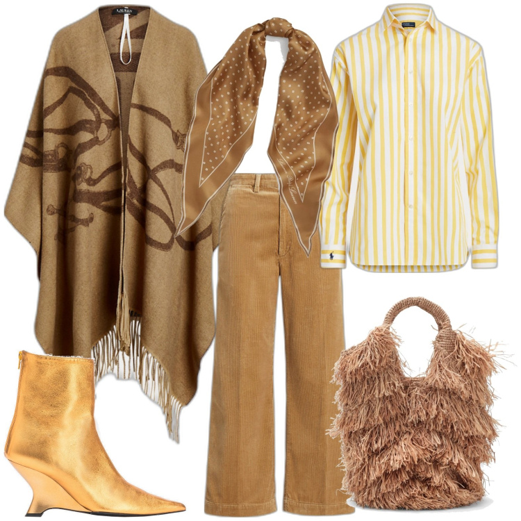 Outfit donna - Aperitivo. Stile Casual chic per Serata fuori. Abbinamento con stivaletti, camicie, cappe, pantaloni, foulard, borse a mano.