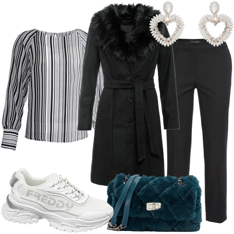 Outfit donna - Total look #1769142. Stile Casual per Ufficio. Abbinamento con pantaloni, cappotti, maglieria, borse a spalla, sneakers, orecchini.