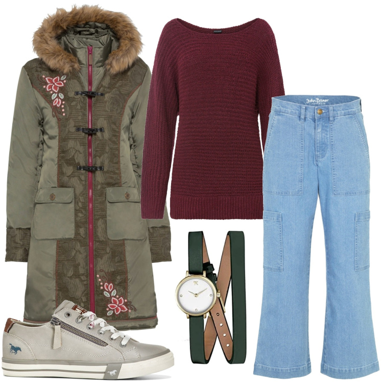 Outfit donna - Total look #1769149. Stile Casual per Tutti i giorni. Abbinamento con maglieria, cappotti, jeans, sneakers, orologi analogici.