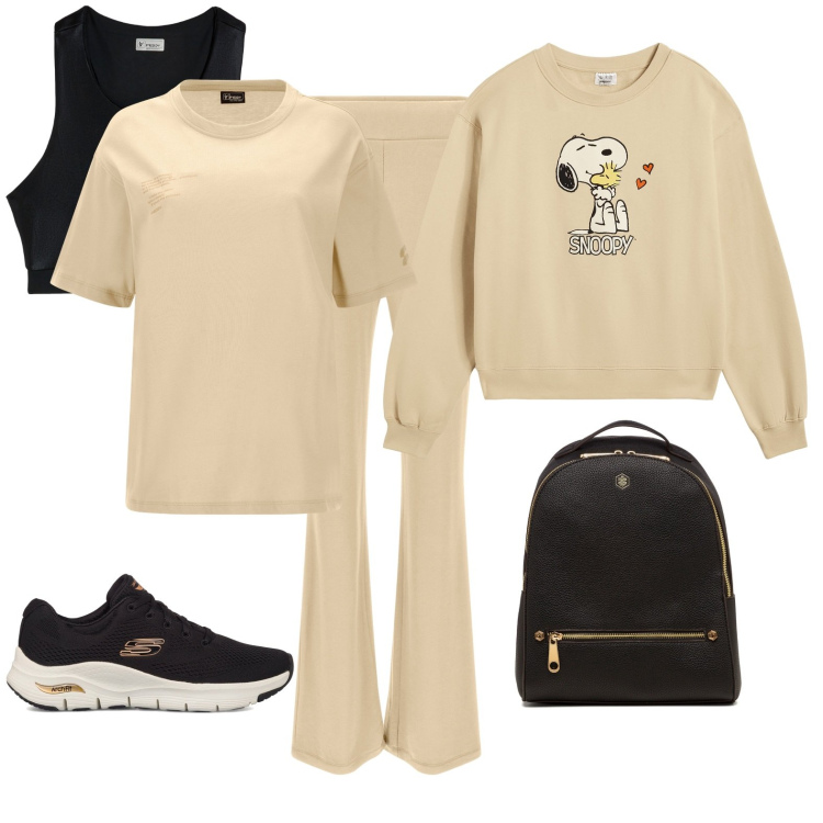 Outfit donna - Freddy e Skechers la coppia beige e nero. Stile Sporty chic per Sport. Abbinamento con top, felpe, leggings, t-shirt, sneakers, zaini.