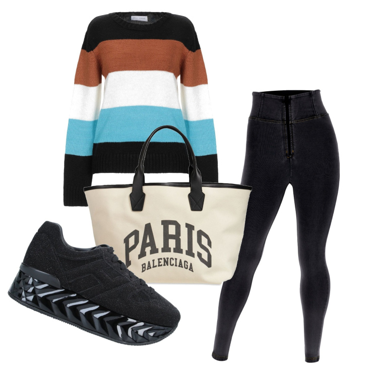 Outfit donna - Affari a novembre. Stile Basic per Tutti i giorni. Abbinamento con sneakers, pullovers, jeggings, shopping bag.