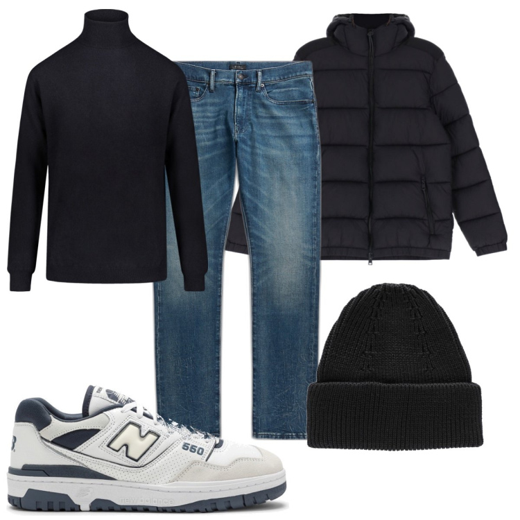Outfit uomo - Total look #1769181. Stile Urban per Tutti i giorni. Abbinamento con piumini, jeans, maglieria, sneakers, berretti.