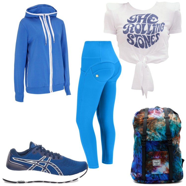 Outfit donna - Vado in palestra. Stile Sporty chic per Sport. Abbinamento con felpe con cappuccio, pantaloni skinny, zaini, t-shirt, scarpe sportive.