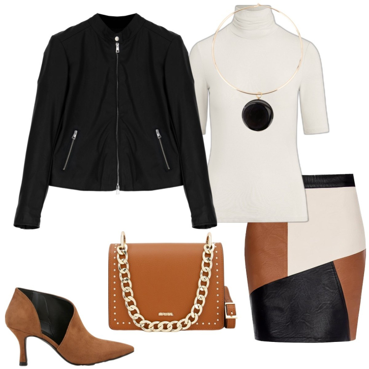 Outfit donna - In pelle. Stile Trendy per Tutti i giorni. Abbinamento con cappotti, pochette, ciondoli, stivaletti, minigonne, maglieria.
