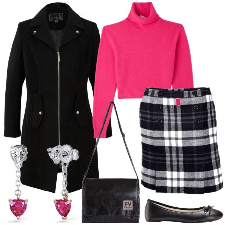 Outfit donna - Scozzese. Stile Preppy per Tutti i giorni. Abbinamento con ballerine, cappotti, minigonne, maglieria, orecchini, borse a tracolla.