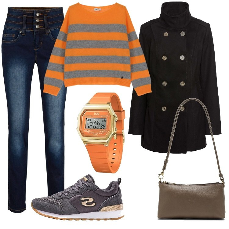 Outfit donna - Arancio casual. Stile Trendy per Tutti i giorni. Abbinamento con sneakers, jeans slim fit, caban, pullovers, orologi, borse a spalla.