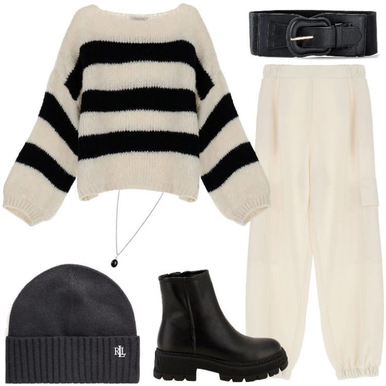 Outfit donna - Relaxed mood. Stile Urban per Tutti i giorni. Abbinamento con cinture, maglieria, pantaloni cargo, stivaletti, berretti, ciondoli.